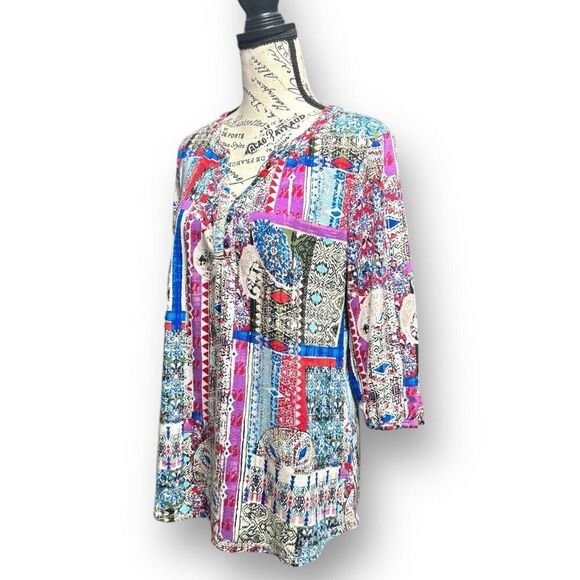 Kate Park PL Gray Cream Blue Boho Patchwork Tunic Top Artsy Retro Festival Chic - Picture 3 of 12